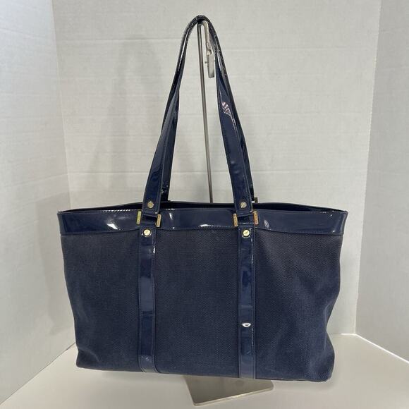 Tory Burch Canvas Jane Tote Shoulder Bag Beach Navy Blue Double Straps Travel - Picture 5 of 15